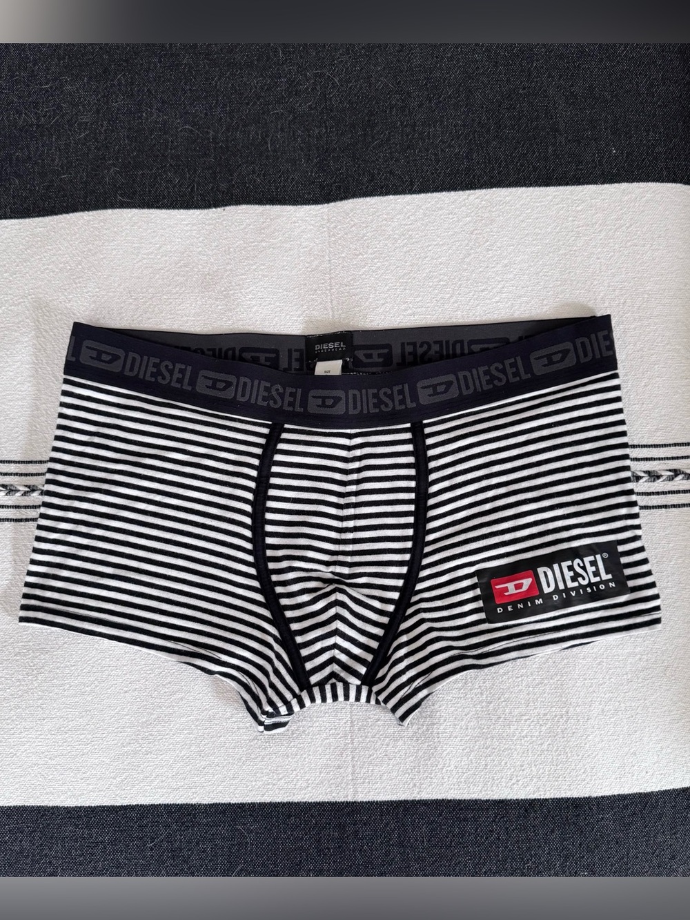 Diesel Black & White Striped Boxer Briefs with Logo Patch size L